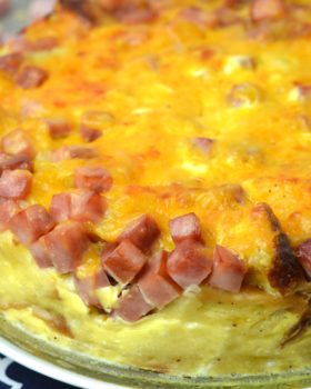 plated ham and cheese bread pudding