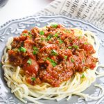 instant pot hearty meat sauce on spaghetti