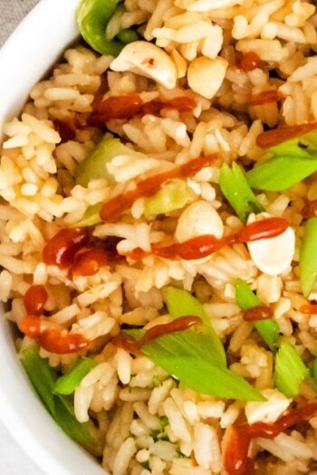 fried rice with vegetables and sauce drizzled on top