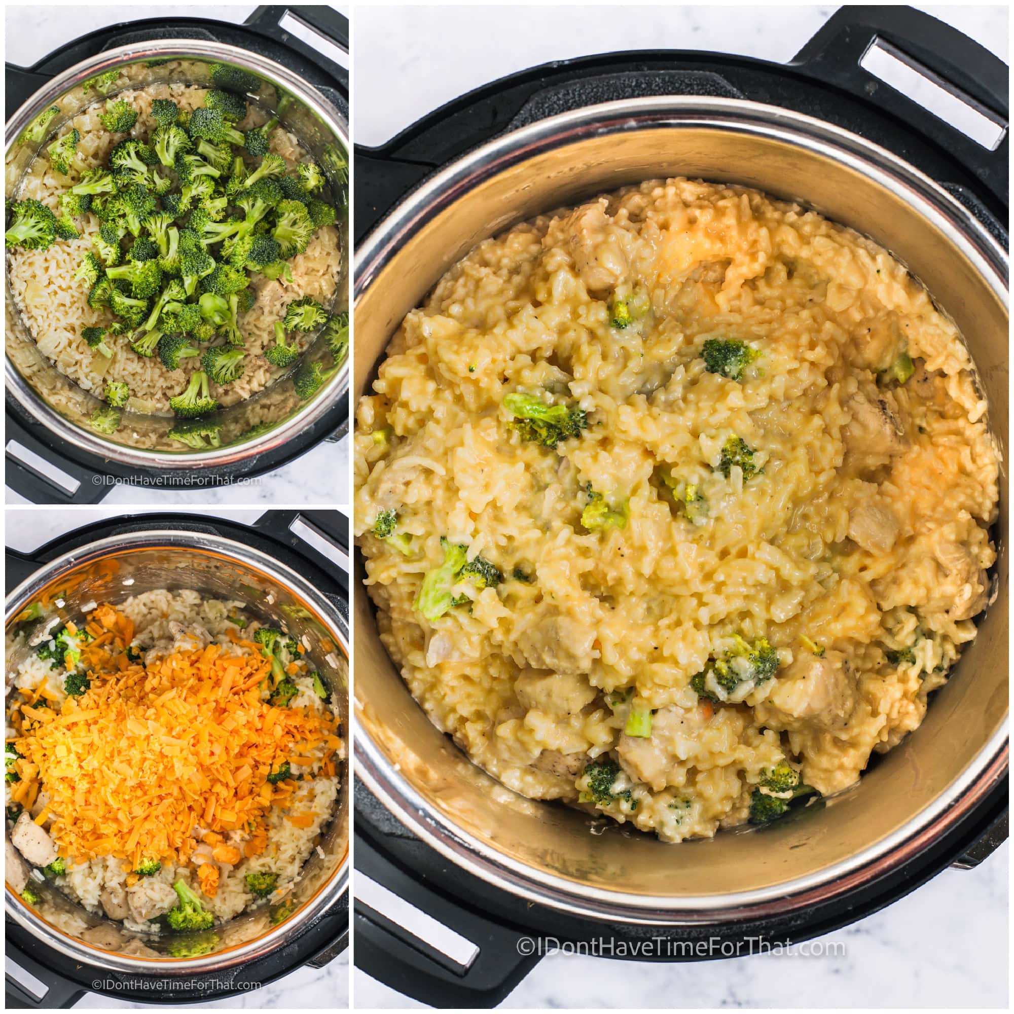 process of adding broccoli and cheese to pot to make Instant Pot Chicken Broccoli and Rice