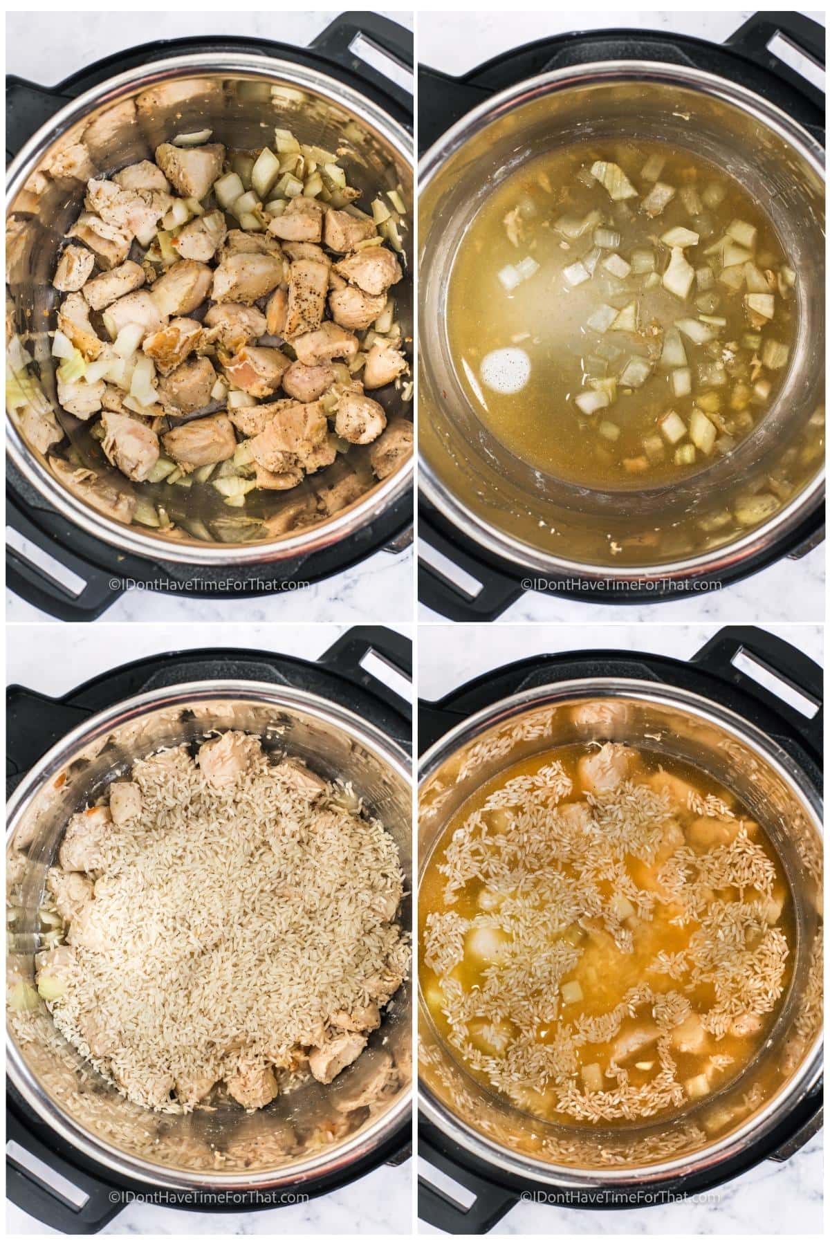 process of adding ingredients to pot to make Instant Pot Chicken Broccoli and Rice
