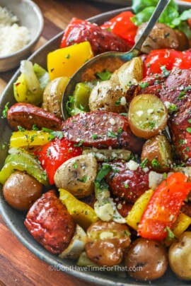 close up of One Pan Smoked Sausage And Potatoes in a bowl