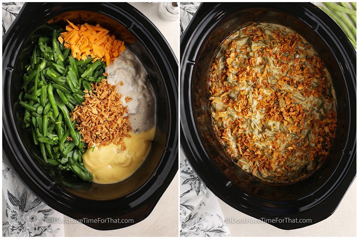 Process of adding ingredients together to make Crock Pot Green Bean Casserole