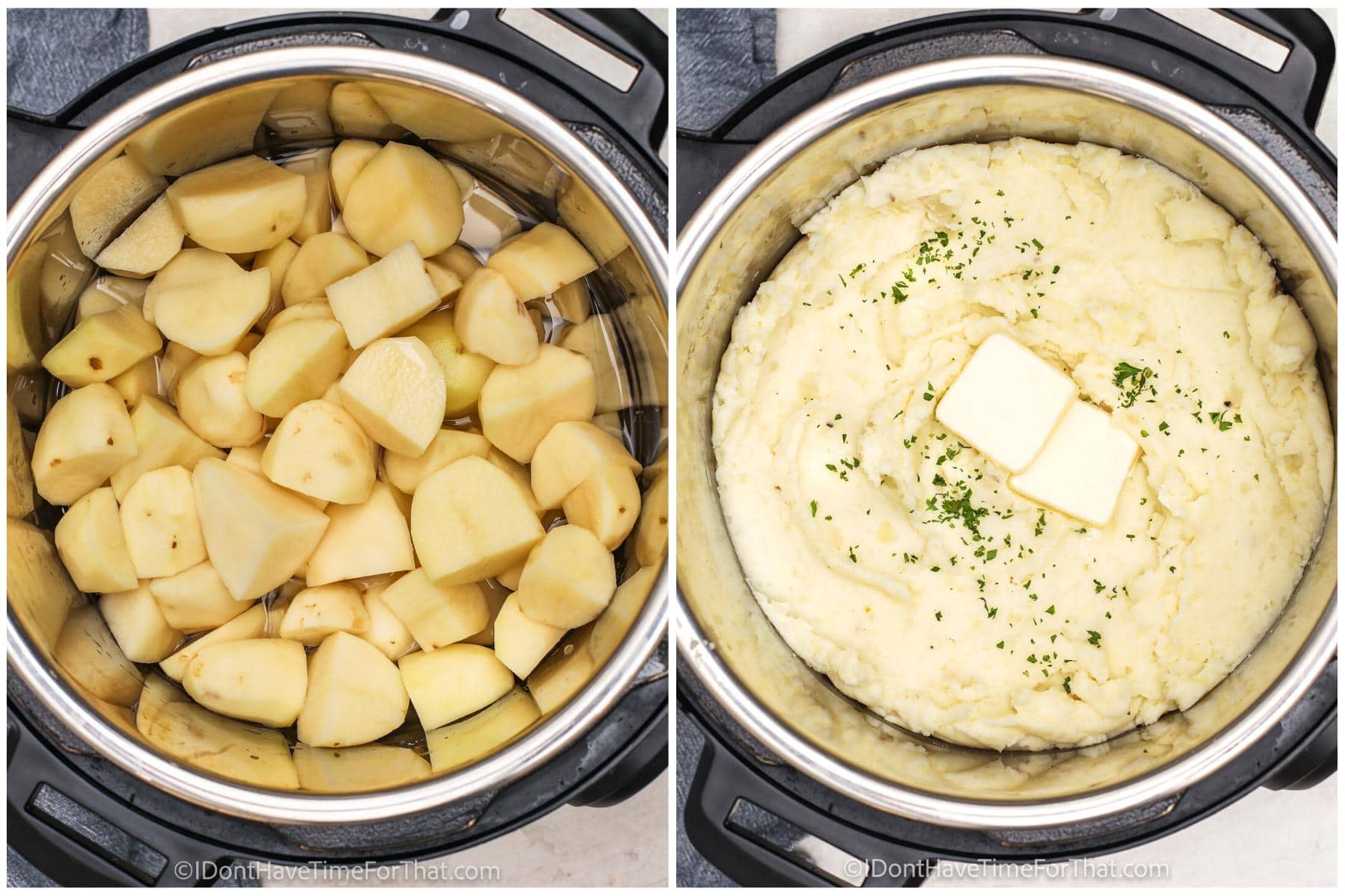 process of adding ingredients together to make Instant Pot Mashed Potatoes