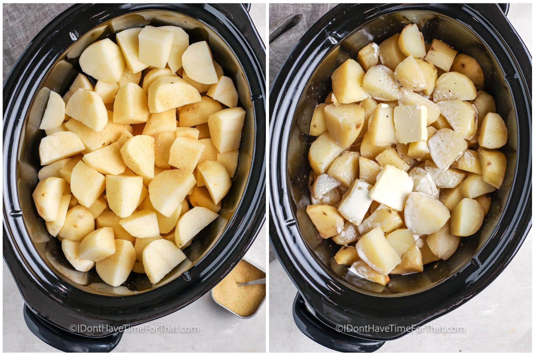 adding ingredients to cooked potatoes to make Slow Cooker Mashed Potatoes