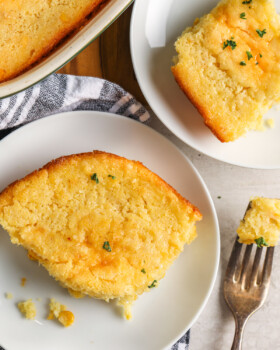 top view of 5 Ingredient Corn Casserole on plates and on a fork