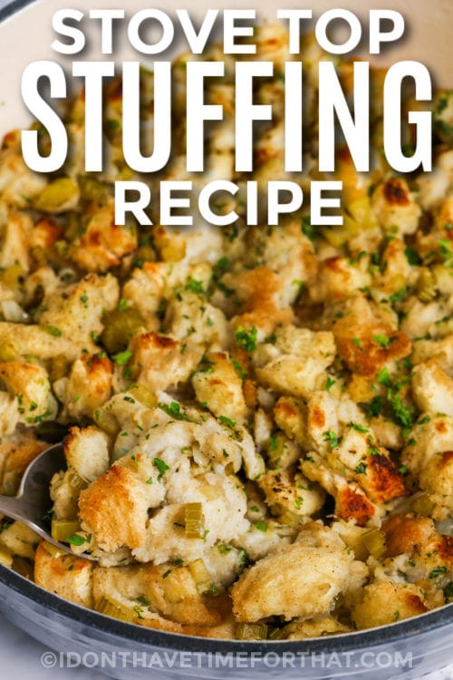 plated Stove Top Stuffing Recipe with a title
