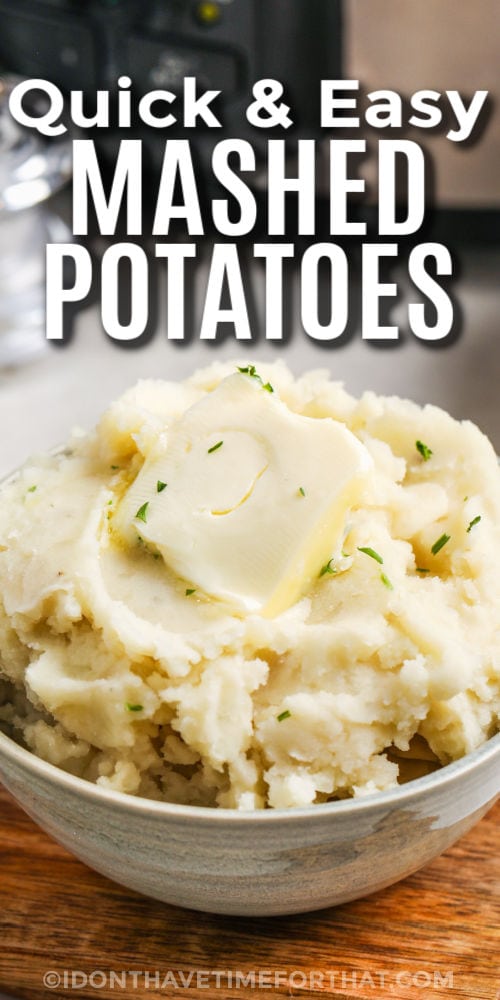plated Slow Cooker Mashed Potatoes with butter and writing