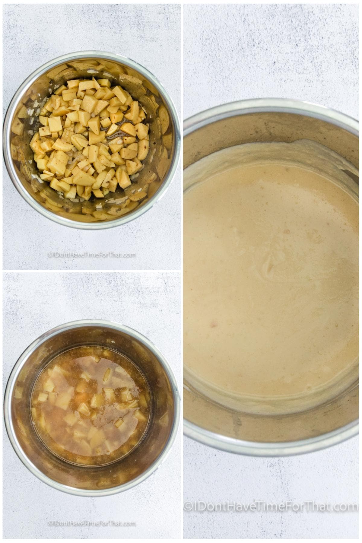 process of adding ingredients together and blending to make Instant Pot Loaded Baked Potato Soup