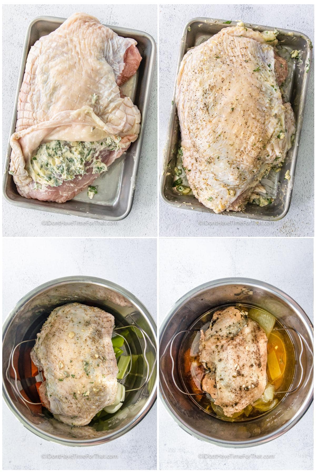 process of adding ingredients together and to the pot to make Instant Pot Garlic and Herb Turkey Breast