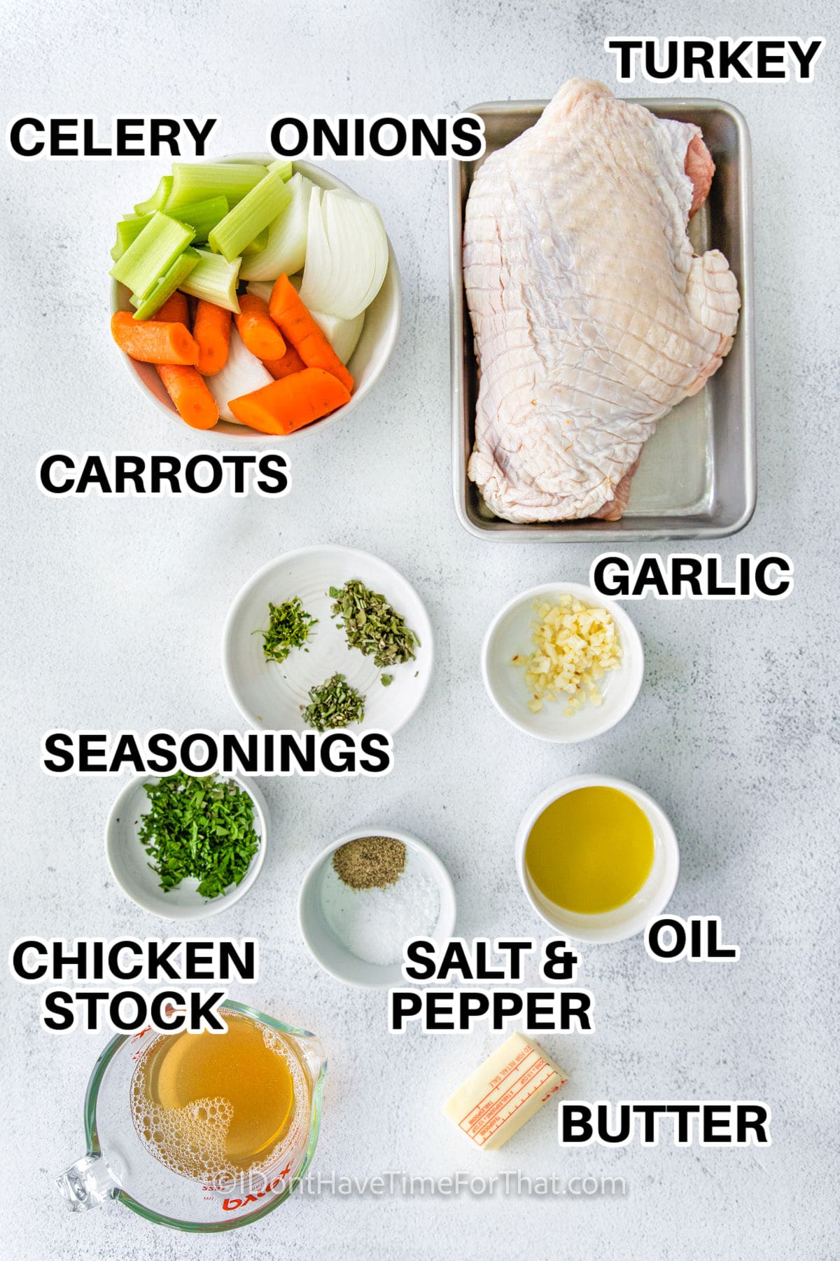celery , onions , carrots, turkey, garlic, oil , butter , chicken stock and seasonings with labels to make Instant Pot Garlic and Herb Turkey Breast