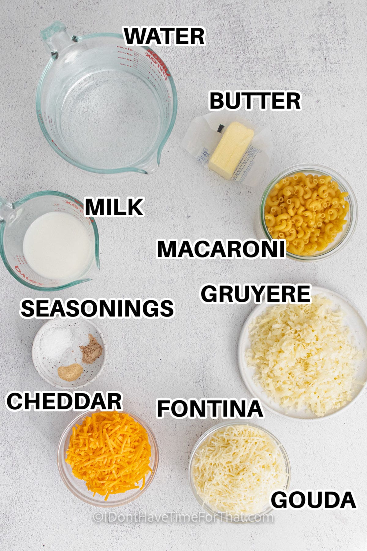 water , butter , milk , macaroni , cheese , seasonings with labels to make Instant Pot Mac and Cheese