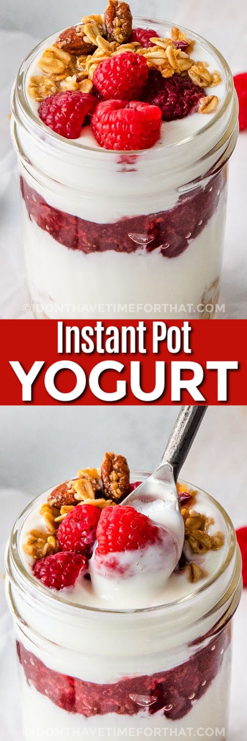 jar of Instant Pot Yogurt with berries and walnuts and close up photo with a title