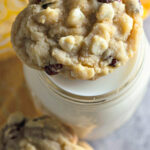 White Chocolate Cranberry Cookies with a glass of milk
