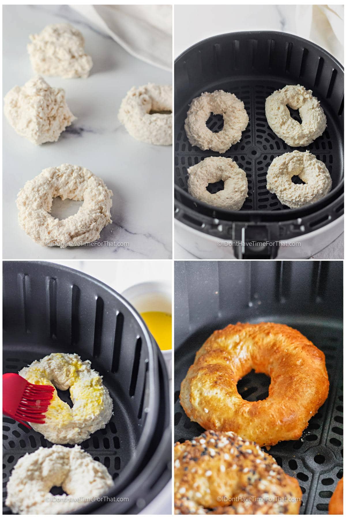 process of adding Air Fryer Bagels to fryer and cooking