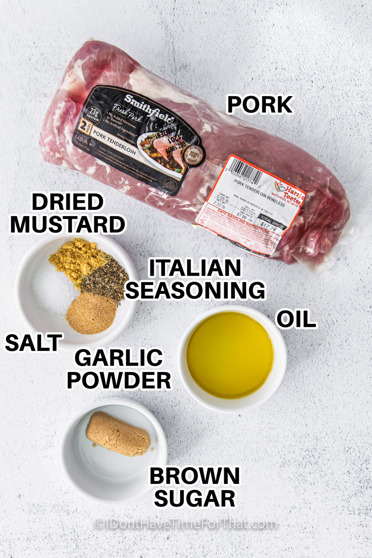 pork , dried mustard , italian seasonin , salt , garlic powder , brown sugar and oil with labels to make Air Fryer Pork Tenderloin