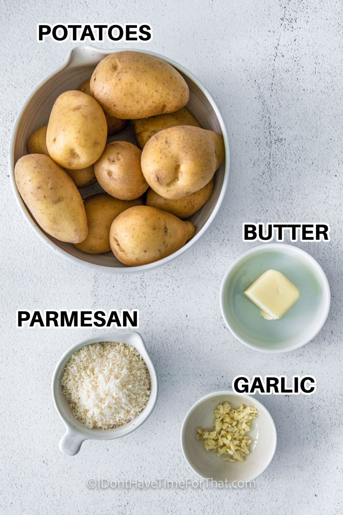 potatoes , butter , parmesan and garlic with labels to make Air Fryer Smashed Potatoes