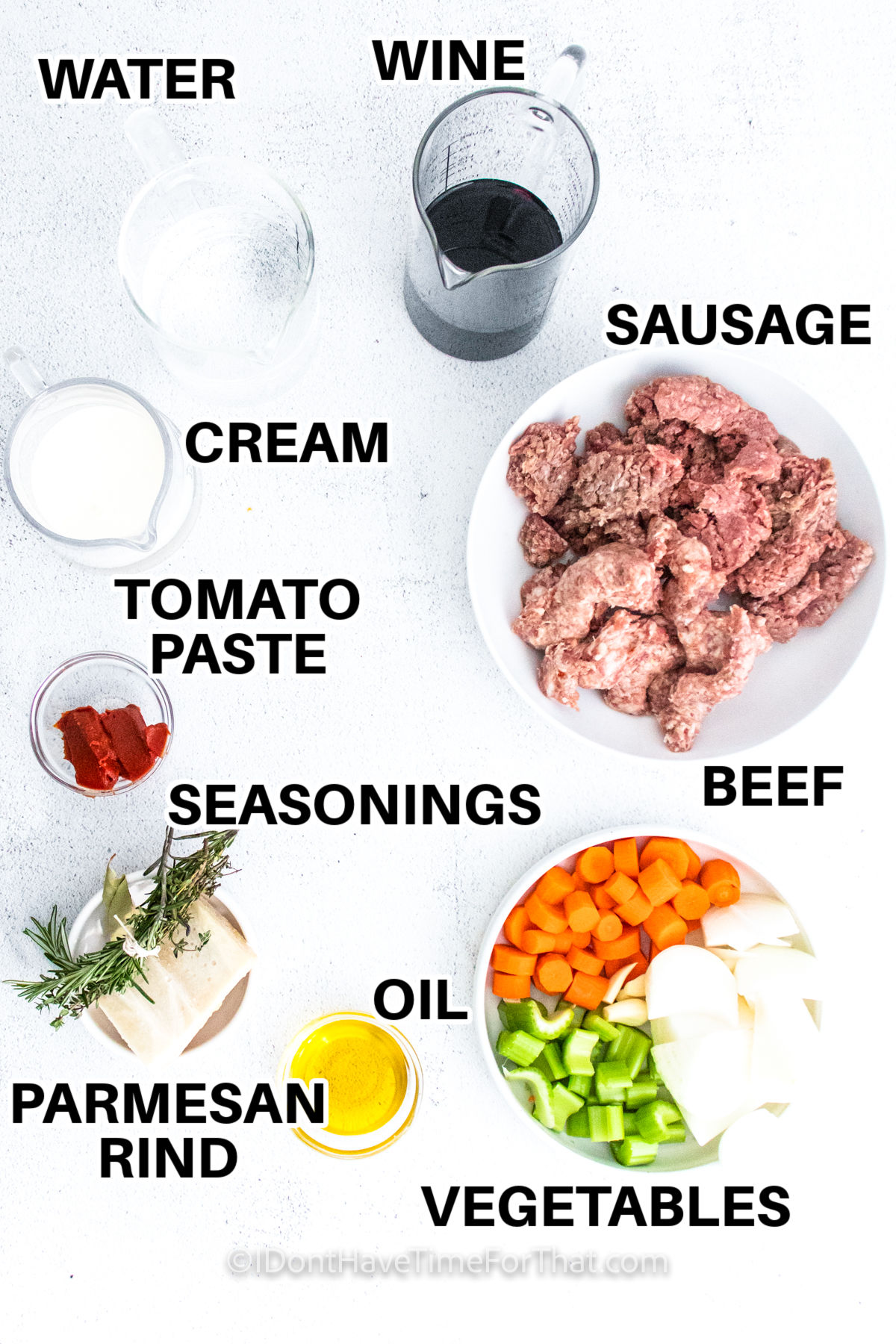 water , wine , cream , sausage , beef , tomato paste , seasonings , oil , vegetables with labels to make Instant Pot Bolognese