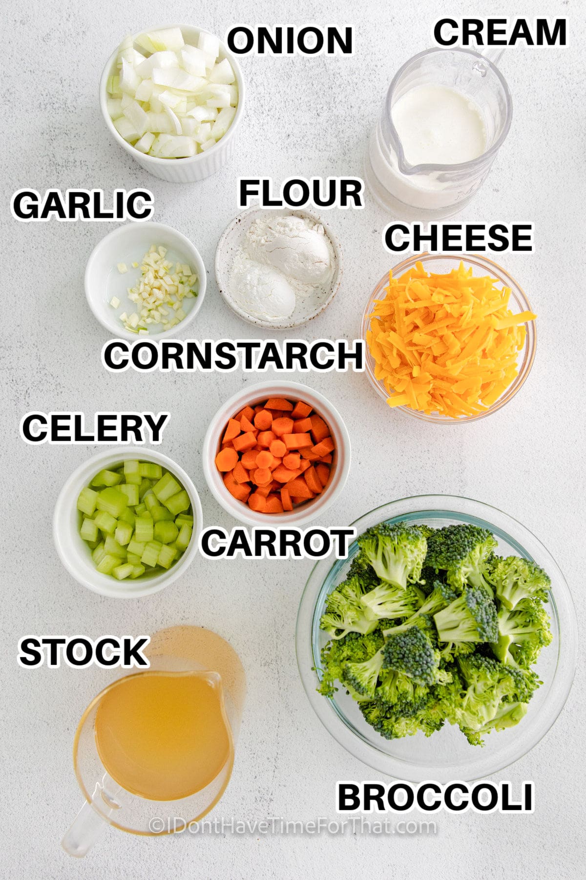 onion , cream , flour , cheese , garlic , cornstarch , carrots , celery , broccoli and stock with labels to make Instant Pot Broccoli Cheddar Soup