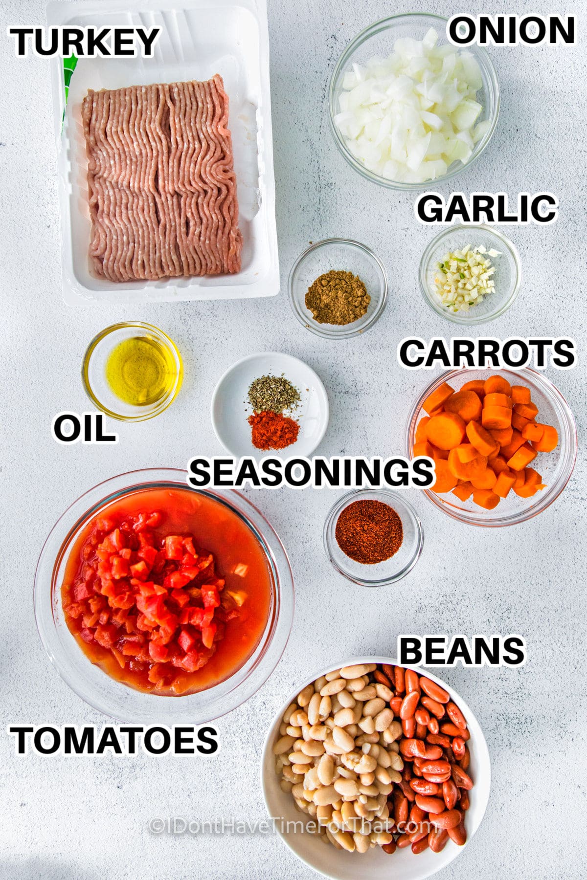 turkey , onion , garlic , carrots , oil , beans , tomatoes and seasonings with labels to make Instant Pot Turkey Chili
