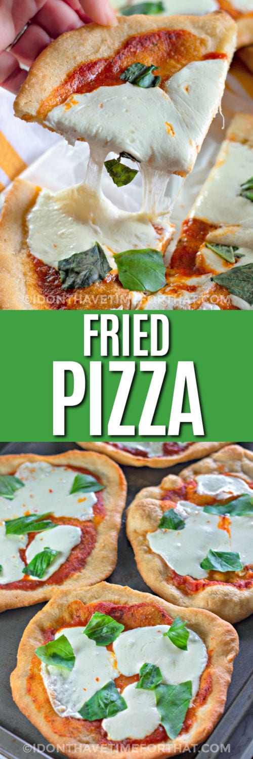 Fried Pizza on a sheet pan and a slice with a title