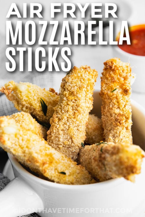 plated Air Fryer Mozzarella Sticks with a title