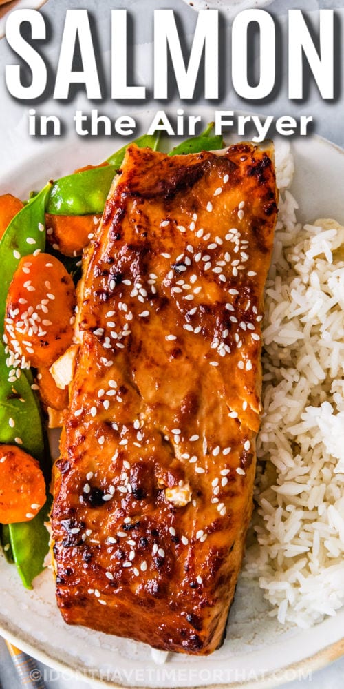 close up of Air Fryer Salmon with a title