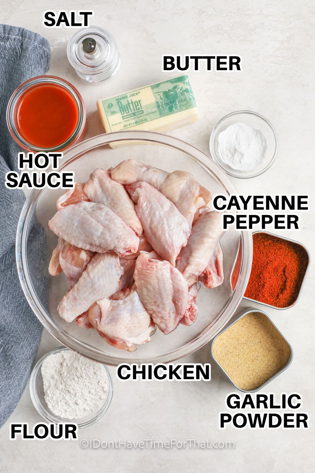 hot sauce , butter , salt , cayenne pepper , chicken , garlic powder and flour with labels to make Baked Chicken Wings