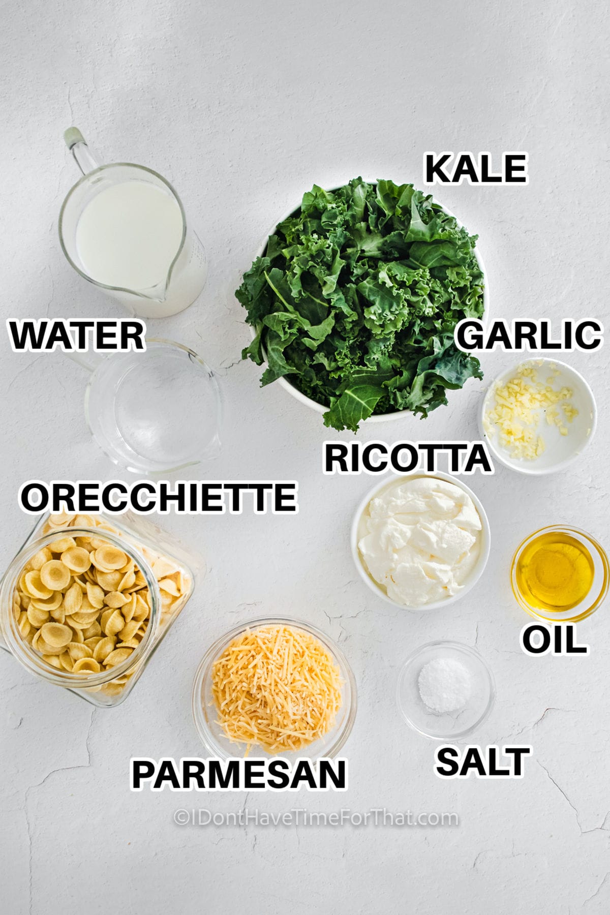 water , orecchiette , ricotta , garlic , kale , oil , salt , parmesan with labels to make Instant Pot Orecchiette with Kale