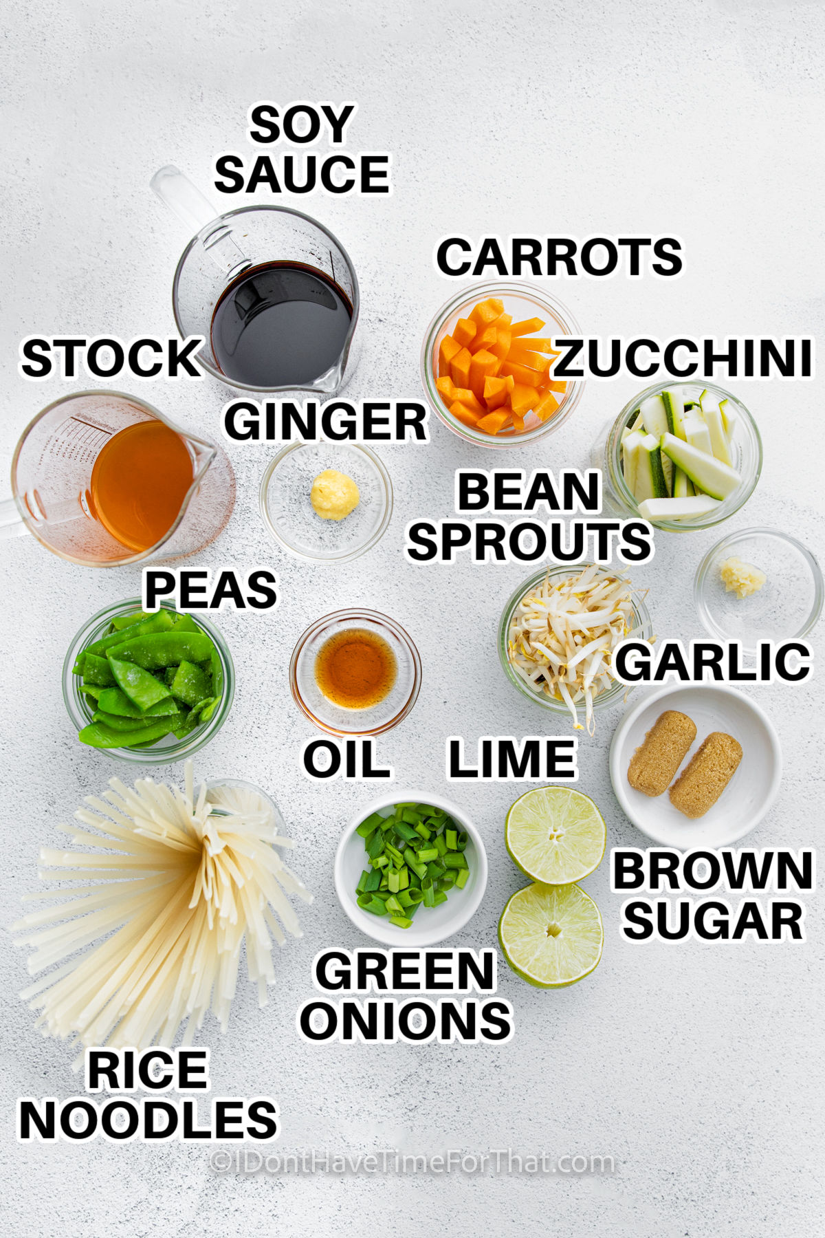 soy sauce , carrots , zucchini , ginger , vegetable stock , bean sprouts , garlic , brown sugar , lime , oil , green onions , rice noodles and peas with labels to make Instant Pot Vegetable Pad Thai