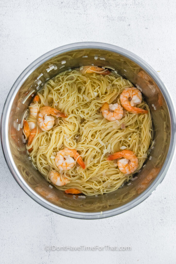 cooked noodles and shrimp to make Instant Pot Shrimp Scampi