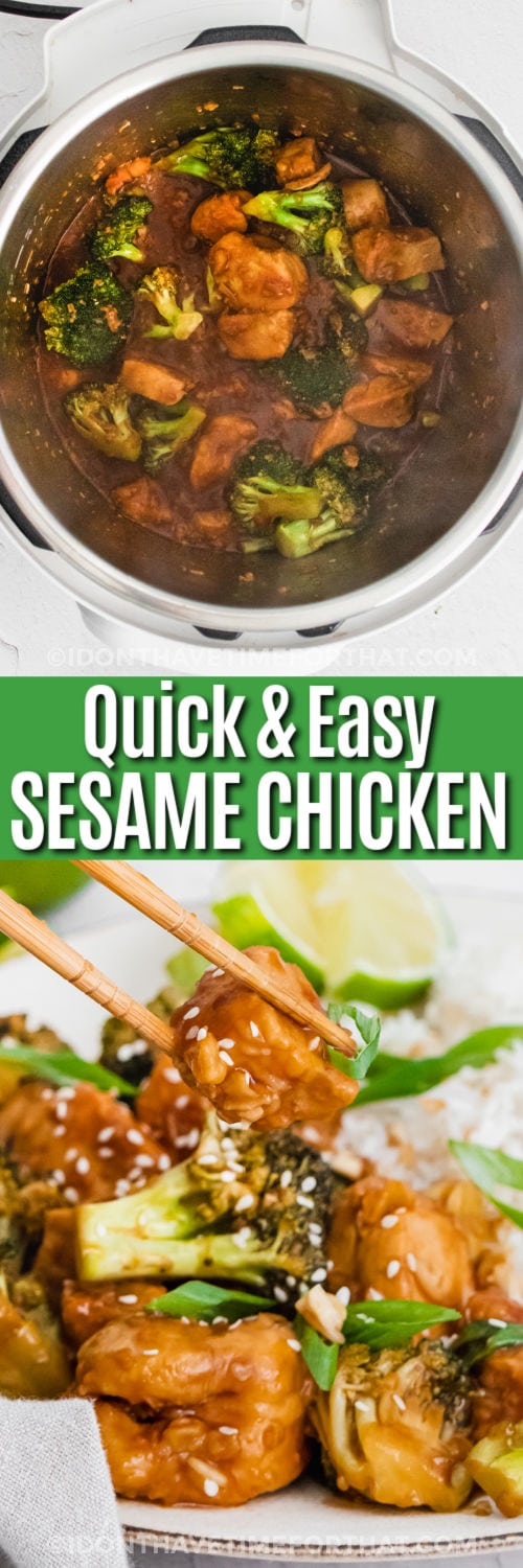 Instant Pot Sesame Chicken Bowls in the pot and plated with writing