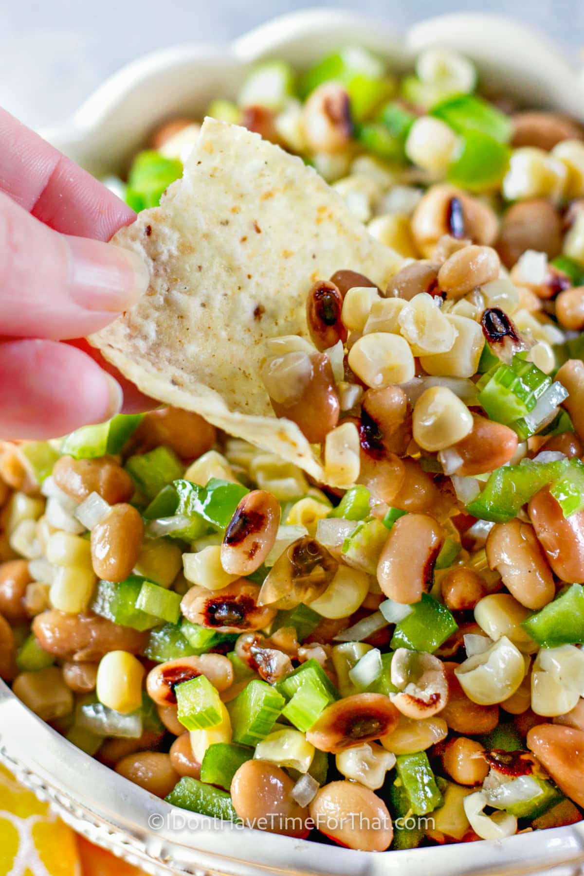 dipping a chip in Texas Caviar