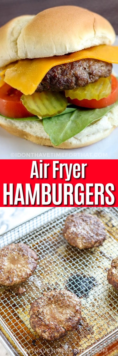 cooked Air Fryer Hamburgers and plated burger with a title