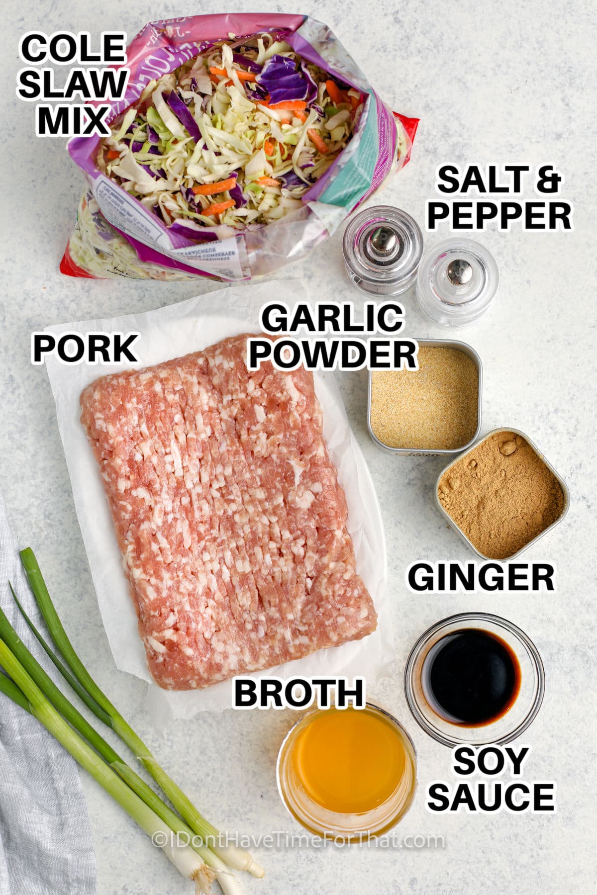 Cole slaw mix , pork , garlic powder , ginger , soy sauce , broth and salt with pepper to make Instant Pot Egg Roll in a Bowl with labels