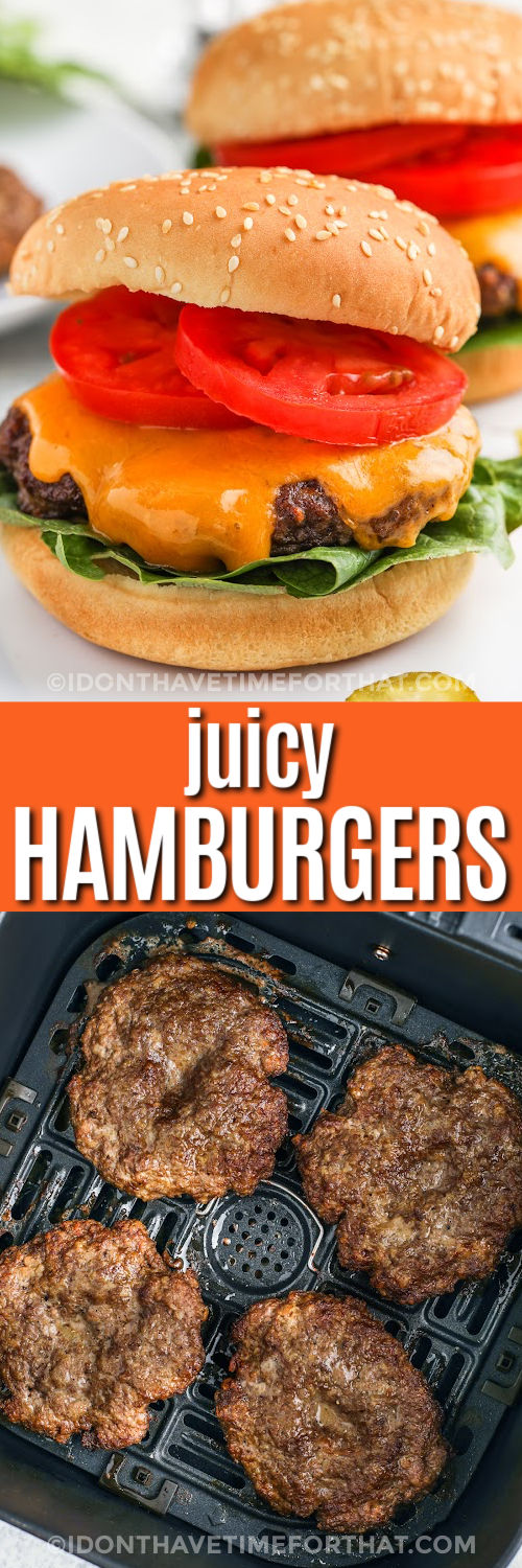 Air Fryer Hamburgers cooked in the fryer and plated with a title