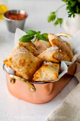 air fryer pizza rolls in a serving dish