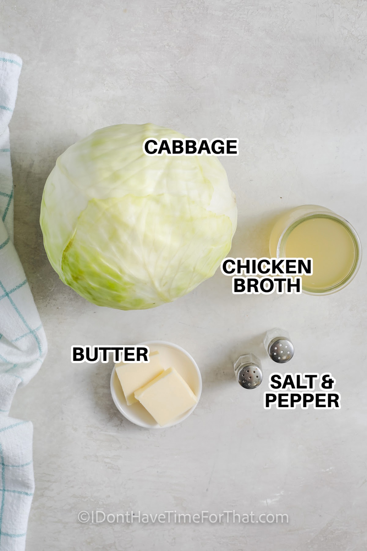 Ingredients to make instant pot cabbage labeled: cabbage, chicken broth, butter, salt, and pepper
