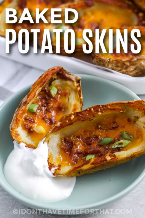 Baked potato skins served with sour cream with a title