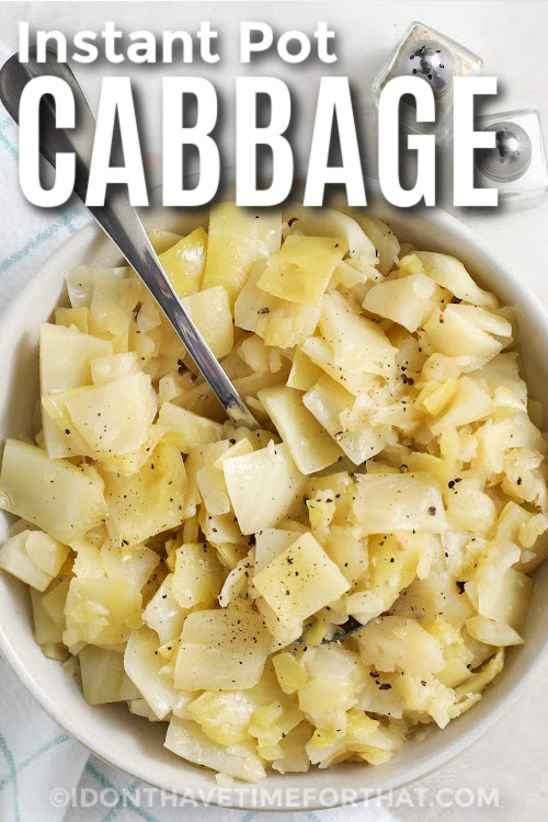 A bowl of instant pot cabbage with a title