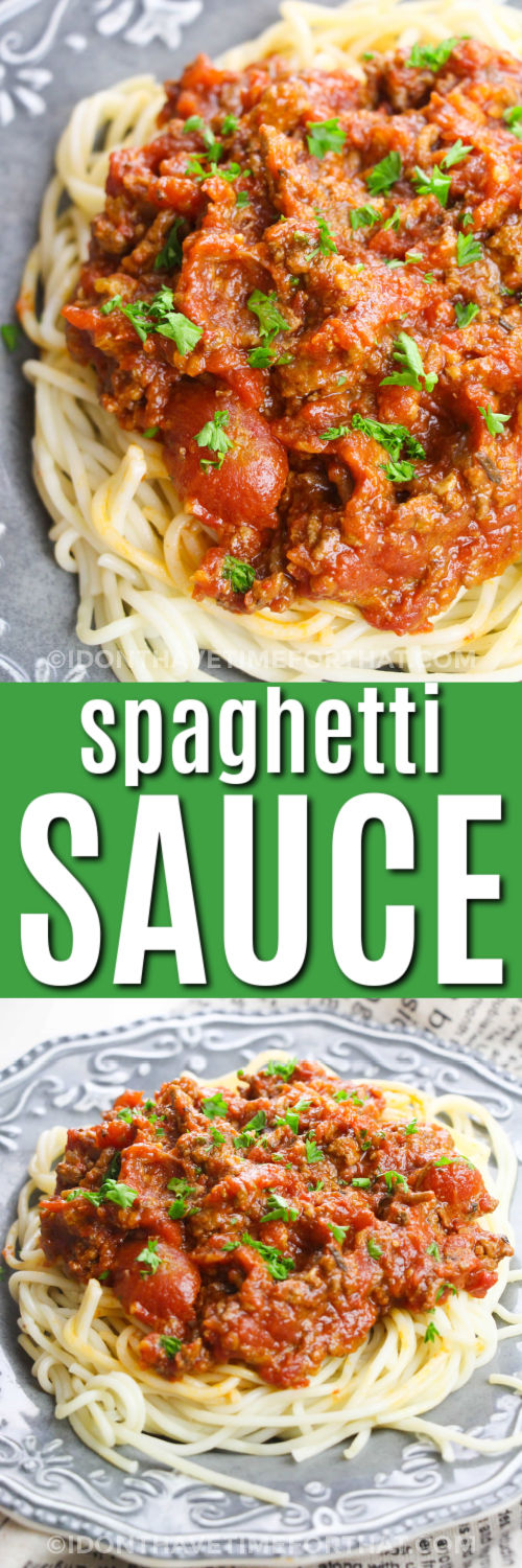 plated Instant Pot Spaghetti Sauce 2 and close up photo with a title